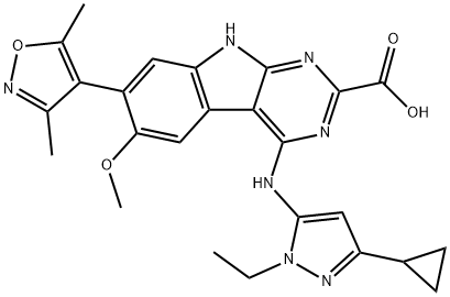 9H-Pyrimido[4,5-b]indole-2-carboxylic acid, 4-[(3-cyclopropyl-1-ethyl-1H-pyrazol-5-yl)amino]-7-(3,5-dimethyl-4-isoxazolyl)-6-methoxy- Struktur