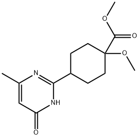 Cyclohexanecarboxylic acid, 4-(1,6-dihydro-4-methyl-6-oxo-2-pyrimidinyl)-1-methoxy-, methyl ester Struktur