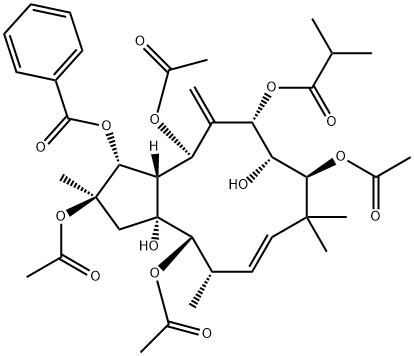 2,5,9,14-Tetraacetoxy-3-benzoyloxy-8,15-dihydroxy-7-isobutyroyloxyjatropha-6(17),11E-diene Struktur