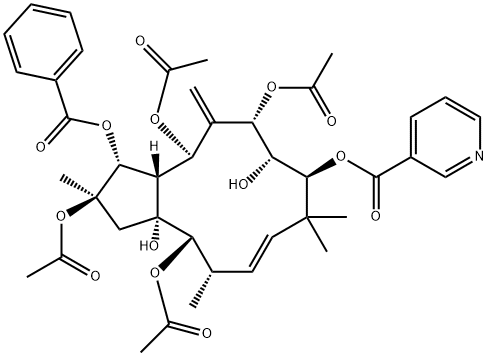 2,5,7,14-Tetraacetoxy-3-benzoyloxy-8,15-dihydroxy-9-nicotinoyloxyjatropha-6(17),11E-diene Struktur