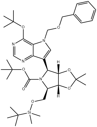 5H-1,3-Dioxolo4,5-cpyrrole-5-carboxylic acid, 4-4-(1,1-dimethylethoxy)-5-(phenylmethoxy)methyl-5H-pyrrolo3,2-dpyrimidin-7-yl-6-(1,1-dimethylethyl)dimethylsilyloxymethyltetrahydro-2,2-dimethyl-, 1,1-dimethylethyl ester, (3aS,4S,6R,6aR)- Struktur