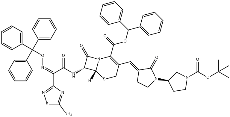 5-Thia-1-azabicyclo[4.2.0]oct-2-ene-2-carboxylic acid, 7-[[(2Z)-2-(5-amino-1,2,4-thiadiazol-3-yl)-2-[(triphenylmethoxy)imino]acetyl]amino]-3-[(E)-[(3'R)-1'-[(1,1-dimethylethoxy)carbonyl]-2-oxo[1,3'-bipyrrolidin]-3-ylidene]methyl]-8-oxo-, diphenylmethyl ester, (6R,7R)- Struktur