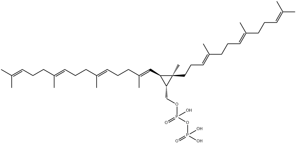 Diphosphoric acid α-[[(1R)-2β-methyl-3α-[(1E,5E,9E)-2,6,10,14-tetramethyl-1,5,9,13-pentadecatetrenyl]-2α-[(3E,7E)-4,8,12-trimethyl-3,7,11-tridecatrienyl]cyclopropan-1β-yl]methyl] ester Struktur