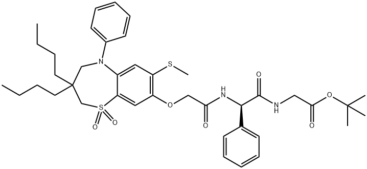 Glycine, (2R)-N-[[[3,3-dibutyl-2,3,4,5-tetrahydro-7-(methylthio)-1,1-dioxido-5-phenyl-1,5-benzothiazepin-8-yl]oxy]acetyl]-2-phenylglycyl-, 1,1-dimethylethyl ester (9CI) Struktur