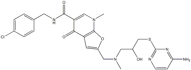 Furo[2,3-b]pyridine-5-carboxamide,  2-[[[3-[(4-amino-2-pyrimidinyl)thio]-2-hydroxypropyl]methylamino]methyl]-N-[(4-chlorophenyl)methyl]-4,7-dihydro-7- Struktur