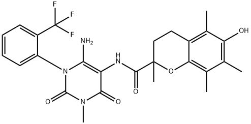 2H-1-Benzopyran-2-carboxamide,  N-[6-amino-1,2,3,4-tetrahydro-3-methyl-2,4-dioxo-1-[2-(trifluoromethyl)phenyl]-5-pyrimidinyl]-3,4-dihydro-6-hydroxy-2,5,7,8- Struktur