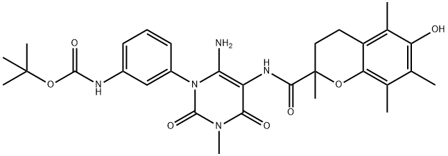 Carbamic  acid,  [3-[6-amino-5-[[(3,4-dihydro-6-hydroxy-2,5,7,8-tetramethyl-2H-1-benzopyran-2-yl)carbonyl]amino]-3,4-dihydro-3-methyl-2,4-dioxo-1(2H)- Struktur