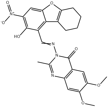 4(3H)-Quinazolinone,6,7-dimethoxy-2-methyl-3-[[(6,7,8,9-tetrahydro-2-hydroxy-3-nitro-1-dibenzofuranyl)methylene]amino]-(9CI) Struktur