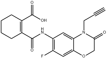 1-Cyclohexene-1-carboxylic acid, 2-[[[7-fluoro-3,4-dihydro-3-oxo-4-(2-propyn-1-yl)-2H-1,4-benzoxazin-6-yl]amino]carbonyl]- Struktur