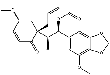 (4R)-6α-[(1S,2R)-2-(Acetyloxy)-1-methyl-2-(7-methoxy-1,3-benzodioxol-5-yl)ethyl]-4α-methoxy-6-(2-propenyl)-2-cyclohexen-1-one Struktur