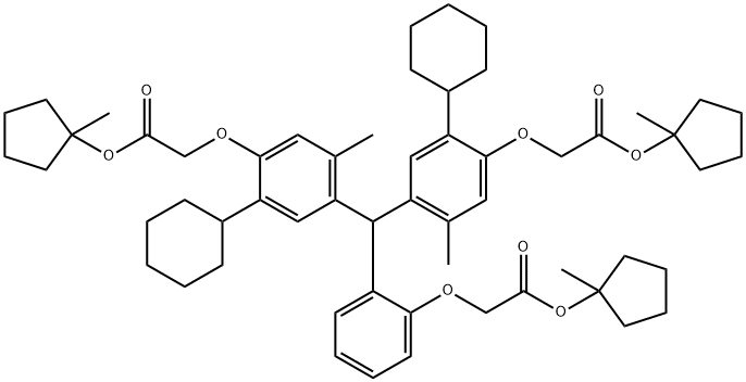 Acetic acid, 2,2'-[[[2-[2-[(1-methylcyclopentyl)oxy]-2-oxoethoxy]phenyl]methylene]bis[(2-cyclohexyl-5-methyl-4,1-phenylene)oxy]]bis-, 1,1'-bis(1-methylcyclopentyl) ester Struktur