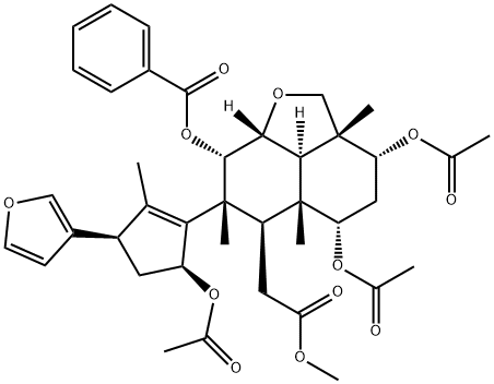 (2aR,8aβ,8bα)-Decahydro-3α,5α-diacetoxy-7α-[(3R,5S)-5-acetoxy-3-(3-furyl)-2-methyl-1-cyclopenten-1-yl]-8α-benzoyloxy-2a,5aβ,7-trimethyl-2H-naphtho[1,8-bc]furan-6β-acetic acid methyl ester Struktur