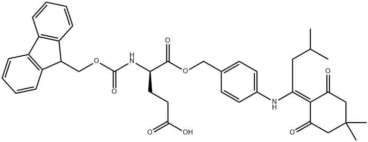 (4R)-5-[(4-{[1-(4,4-dimethyl-2,6-dioxocyclohexylidene)-3-methylbutyl]amino}phenyl)methoxy]-4-({[(9H-fluoren-9-yl)methoxy]carbonyl}amino)-5-oxopentanoic acid Struktur