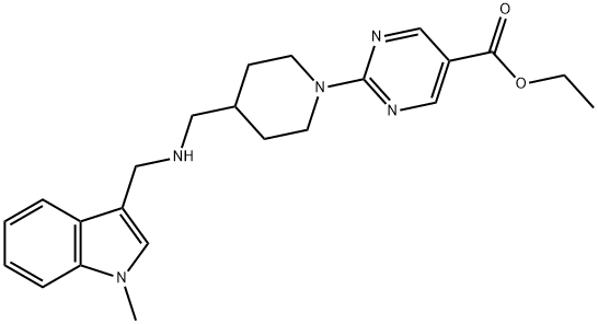 5-Pyrimidinecarboxylic acid, 2-[4-[[[(1-methyl-1H-indol-3-yl)methyl]amino]methyl]-1-piperidinyl]-, ethyl ester Struktur