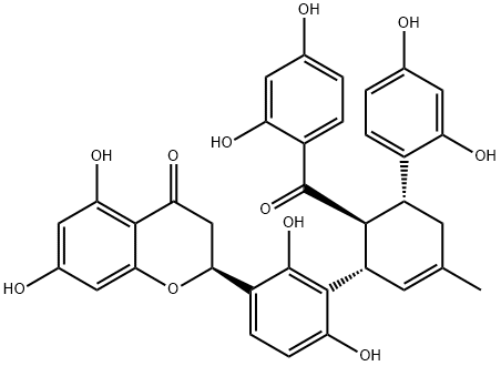 4H-1-Benzopyran-4-one, 2-[3-[(1S,5R,6S)-6-(2,4-dihydroxybenzoyl)-5-(2,4-dihydroxyphenyl)-3-methyl-2-cyclohexen-1-yl]-2,4-dihydroxyphenyl]-2,3-dihydro-5,7-dihydroxy-, (2S)- Struktur