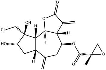 (S)-2-Methyl-2-oxiranecarboxylic acid (3aR,3aβ,9S,6aβ,9aβ,9bα)-9-(chloromethyl)dodecahydro-8α,9β-dihydroxy-3,6-bismethylene-2-oxoazuleno[4,5-b]furan-4β-yl ester Struktur