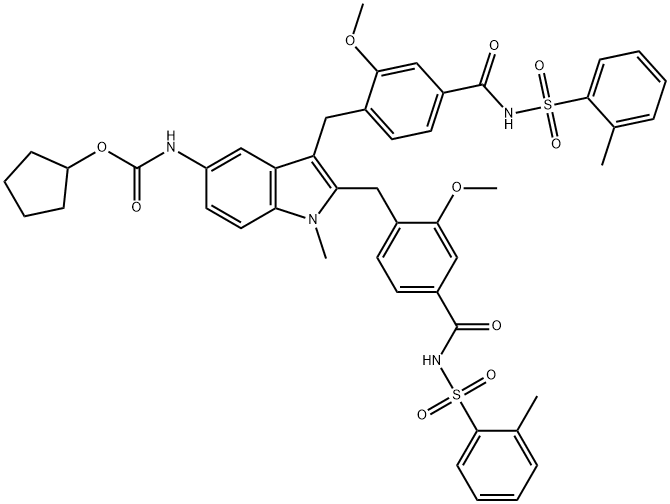 Carbamic acid, N-[2,3-bis[[2-methoxy-4-[[[(2-methylphenyl)sulfonyl]amino]carbonyl]phenyl]methyl]-1-methyl-1H-indol-5-yl]-, cyclopentyl ester Struktur