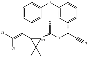 Cyclopropanecarboxylic acid, 3-(2,2-dichloroethenyl)-2,2-dimethyl-, (R)-cyano(3-phenoxyphenyl)methyl ester, (1S)-rel- Struktur