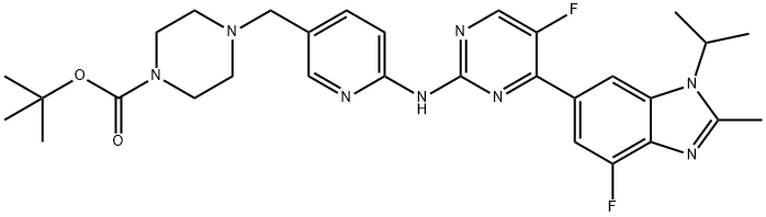 N-[5-[(4-Boc-1-piperazinyl)methyl]-2-pyridyl]-5-fluoro-4-(4-fluoro-1-isopropyl-2-methyl-6-benzimidazolyl)pyrimidin-2-amine Struktur