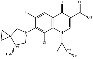 3-Quinolinecarboxylic acid, 7-[(7R)-7-aMino-5-azaspiro[2.4]hept-5-yl]-8-chloro-6-fluoro-1-[(2R)-2-fluorocyclopropyl]-1,4-dihydro-4-oxo-, rel- Struktur