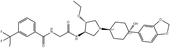 BenzaMide, N-[2-[[(3R,4R)-1-[cis-4-(1,3-benzodioxol-5-yl)-4-hydroxycyclohexyl]-4-ethoxy-3-pyrrolidinyl]aMino]-2-oxoethyl]-3-(trifluoroMethyl)-, rel- Struktur