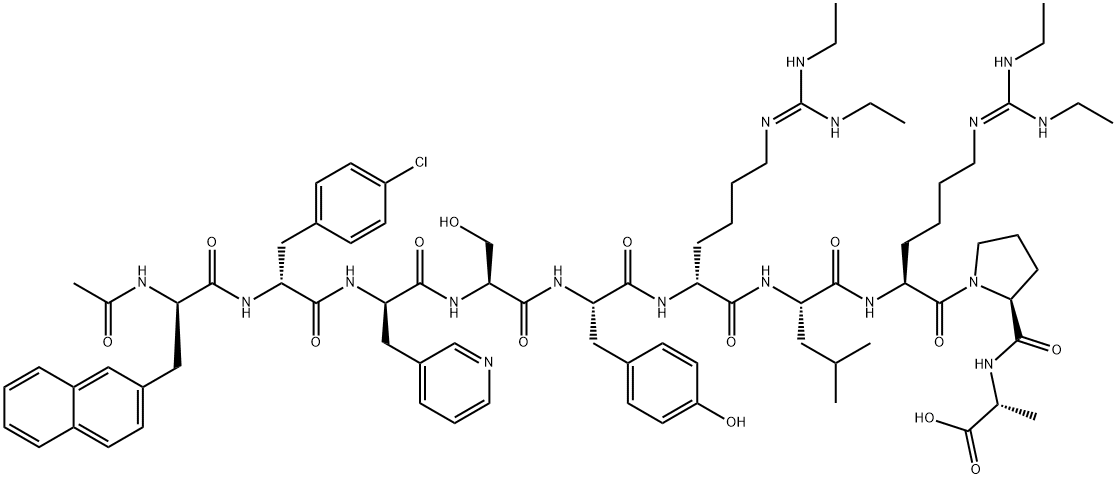 D-Alanine, N-acetyl-3-(2-naphthalenyl)-D-alanyl-4-chloro-D-phenylalanyl-3-(3-pyridinyl)-D-alanyl-L-seryl-L-tyrosyl-N6-[bis(ethylamino)methylene]-D-lysyl-L-leucyl-N6-[bis(ethylamino)methylene]-L-lysyl-L-prolyl- (9CI) Struktur