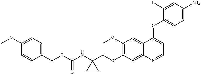 Carbamic acid, N-[1-[[[4-(4-amino-2-fluorophenoxy)-6-methoxy-7-quinolinyl]oxy]methyl]cyclopropyl]-, (4-methoxyphenyl)methyl ester Struktur