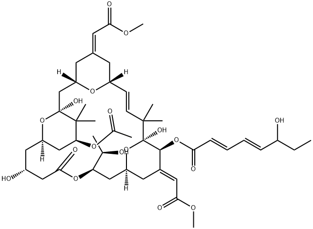 2,4-Octadienoic acid, 6-hydroxy-, (1S,3S,5Z,7R,8E,11S,12S,13E,15S,17R,21R,23R,25S)-25-(acetyloxy)-1,11,21-trihydroxy-17-(1R)-1-hydroxyethyl-5,13-bis(2-methoxy-2-oxoethylidene)-10,10,26,26-tetramethyl-19-oxo-18,27,28,29-tetraoxatetracyclo21.3.1.13,7.111,15 Struktur