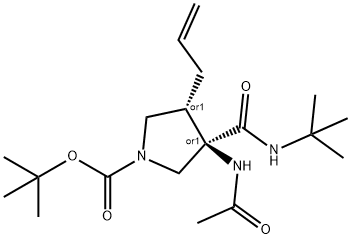 1-Pyrrolidinecarboxylic acid, 3-(acetylamino)-3-[[(1,1-dimethylethyl)amino]carbonyl]-4-(2-propen-1-yl)-, 1,1-dimethylethyl ester, (3R,4S)-rel- Struktur