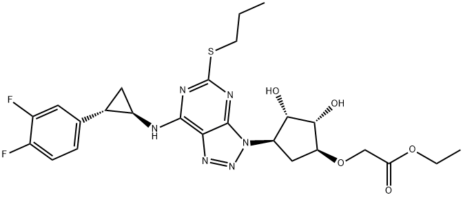 Acetic acid, 2-[[(1S,2S,3S,4R)-4-[7-[[(1R,2S)-2-(3,4-difluorophenyl)cyclopropyl]amino]-5-(propylthio)-3H-1,2,3-triazolo[4,5-d]pyrimidin-3-yl]-2,3-dihydroxycyclopentyl]oxy]-, ethyl ester Struktur