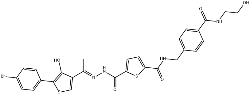 (2E)-2-[1-[5-(4-Bromophenyl)-4-hydroxy-3-thienyl]ethylidene]hydrazide-5-[[[[4-[[(2-hydroxyethyl)amino]carbonyl]phenyl]methyl]amino]carbonyl]-2-thiophenecarboxylic Acid Struktur