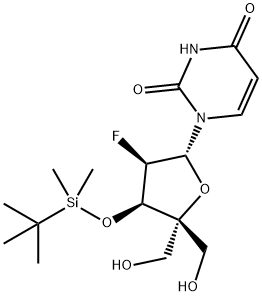 Uridine, 2'-deoxy-3'-O-[(1,1-dimethylethyl)dimethylsilyl]-2'-fluoro-4'-C-(hydroxymethyl)- Struktur