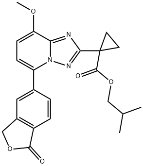 Cyclopropanecarboxylic acid, 1-[5-(1,3-dihydro-1-oxo-5-isobenzofuranyl)-8-methoxy[1,2,4]triazolo[1,5-a]pyridin-2-yl]-, 2-methylpropyl ester Struktur