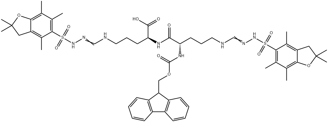 (2S)-2-[(2S)-2-({[(9H-fluoren-9-yl)methoxy]carbonyl}amino)-5-{N'-[(2,2,4,6,7-pentamethyl-2,3-dihydro-1-benzofuran-5-yl)sulfonyl]carbamimidamido}pentanamido]-5-{N'-[(2,2,4,6,7-pentamethyl-2,3-dihydro-1-benzofuran-5-yl)sulfonyl]carbamimidamido}pentanoic aci Struktur