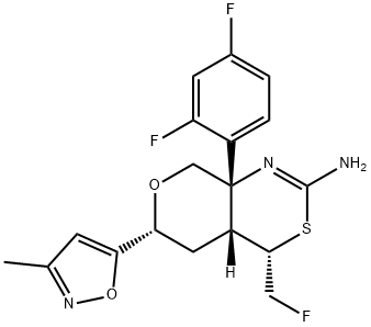 Pyrano[3,4-d][1,3]thiazin-2-amine, 8a-(2,4-difluorophenyl)-4-(fluoromethyl)-4,4a,5,6,8,8a-hexahydro-6-(3-methyl-5-isoxazolyl)-, (4S,4aR,6R,8aS)- Struktur