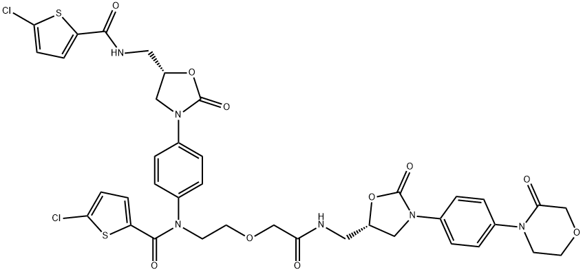 5-chloro-N-(4-((S)-5-((5-chlorothiophene-2-carboxamido)methyl)-2-oxooxazolidin-3-yl)phenyl)-N-(2-(2-oxo-2-((((S)-2-oxo-3-(4-(3-oxomorpholino)phenyl)oxazolidin-5-yl)methyl)amino)ethoxy)ethyl)thiophene-2-carboxamide Struktur