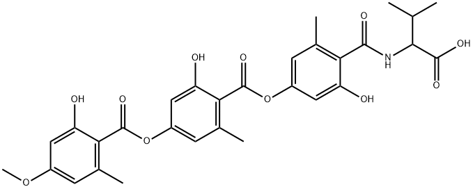 Benzoic acid, 2-hydroxy-4-[(2-hydroxy-4-methoxy-6-methylbenzoyl)oxy]-6-methyl-, 4-[[(1-carboxy-2-methylpropyl)amino]carbonyl]-3-hydroxy-5-methylphenyl ester Struktur