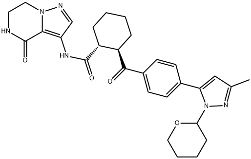 Cyclohexanecarboxamide, 2-[4-[3-methyl-1-(tetrahydro-2H-pyran-2-yl)-1H-pyrazol-5-yl]benzoyl]-N-(4,5,6,7-tetrahydro-4-oxopyrazolo[1,5-a]pyrazin-3-yl)-, (1R,2R)- Struktur