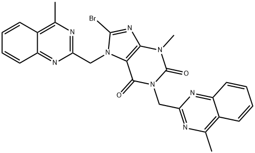 1H-Purine-2,6-dione, 8-bromo-3,7-dihydro-3-methyl-1,7-bis[(4-methyl-2-quinazolinyl)methyl]- Struktur