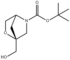 2-Oxa-5-azabicyclo[2.2.1]heptane-5-carboxylic acid, 1-(hydroxymethyl)-, 1,1-dimethylethyl ester, (1R)- Struktur