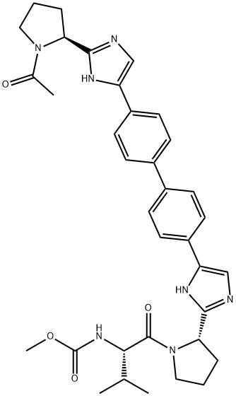 Daclatasvir impurity 15/N-[(1S)-1-[[(2S)-2-[5-[4’-[2-[(2S)-1-Acetyl-2-pyrrolidinyl]-1H-imidazol-5-yl][1,1’-biphenyl]-4-yl]-1H-imidazol-2-yl]-1-pyrrolidinyl]carbonyl]-2-methylpropyl]-methyl ester carbamic acid Struktur