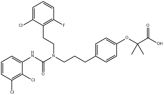 Propanoic acid, 2-[4-[3-[[2-(2-chloro-6-fluorophenyl)ethyl][[(2,3-dichlorophenyl)amino]carbonyl]amino]propyl]phenoxy]-2-methyl- Struktur