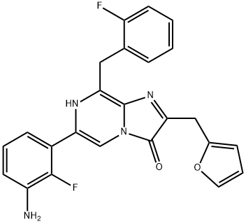 Imidazo[1,2-a]pyrazin-3(7H)-one, 6-(3-amino-2-fluorophenyl)-8-[(2-fluorophenyl)methyl]-2-(2-furanylmethyl)- Struktur