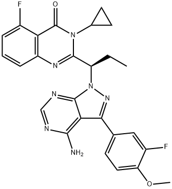 4(3H)-Quinazolinone, 2-[(1R)-1-[4-amino-3-(3-fluoro-4-methoxyphenyl)-1H-pyrazolo[3,4-d]pyrimidin-1-yl]propyl]-3-cyclopropyl-5-fluoro- Struktur