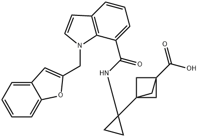 Bicyclo[1.1.1]pentane-1-carboxylic acid, 3-[1-[[[1-(2-benzofuranylmethyl)-1H-indol-7-yl]carbonyl]amino]cyclopropyl]- Struktur