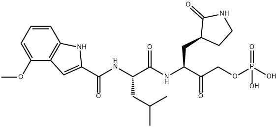 1H-Indole-2-carboxamide, 4-methoxy-N-[(1S)-3-methyl-1-[[[(1S)-2-oxo-1-[[(3S)-2-oxo-3-pyrrolidinyl]methyl]-3-(phosphonooxy)propyl]amino]carbonyl]butyl]- Struktur