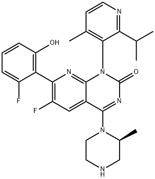 Pyrido[2,3-d]pyrimidin-2(1H)-one, 6-fluoro-7-(2-fluoro-6-hydroxyphenyl)-1-[4-methyl-2-(1-methylethyl)-3-pyridinyl]-4-[(2S)-2-methyl-1-piperazinyl]- Struktur