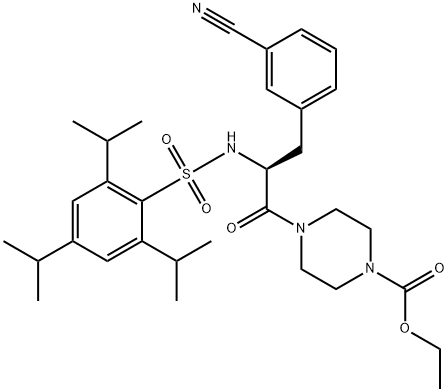 1-?Piperazinecarboxylic acid, 4-?[(2S)?-?3-?(3-?cyanophenyl)?-?1-?oxo-?2-?[[[2,?4,?6-?tris(1-?methylethyl)?phenyl]?sulfonyl]?amino]?propyl]?-?, ethyl ester Struktur