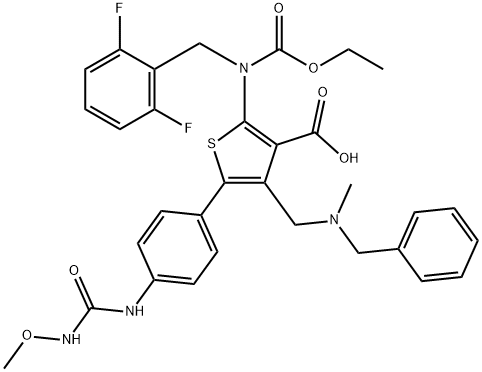 3-Thiophenecarboxylic acid, 2-[[(2,6-difluorophenyl)methyl](ethoxycarbonyl)amino]-5-[4-[[(methoxyamino)carbonyl]amino]phenyl]-4-[[methyl(phenylmethyl)amino]methyl]- Struktur