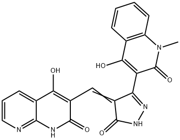 1,8-Naphthyridin-2(1H)-one,3-[[3-(1,2-dihydro-4-hydroxy-1-methyl-2-oxo-3-quinolinyl)-1,5-dihydro-5-oxo-4H-pyrazol-4-ylidene]methyl]-4-hydroxy-(9CI) Struktur